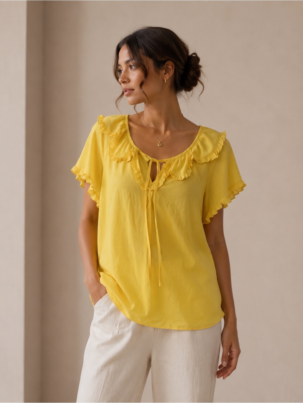 Max Studio Yellow Ruffle Tie-Neck Short Sleeve Cottagecore Blouse Size Medium